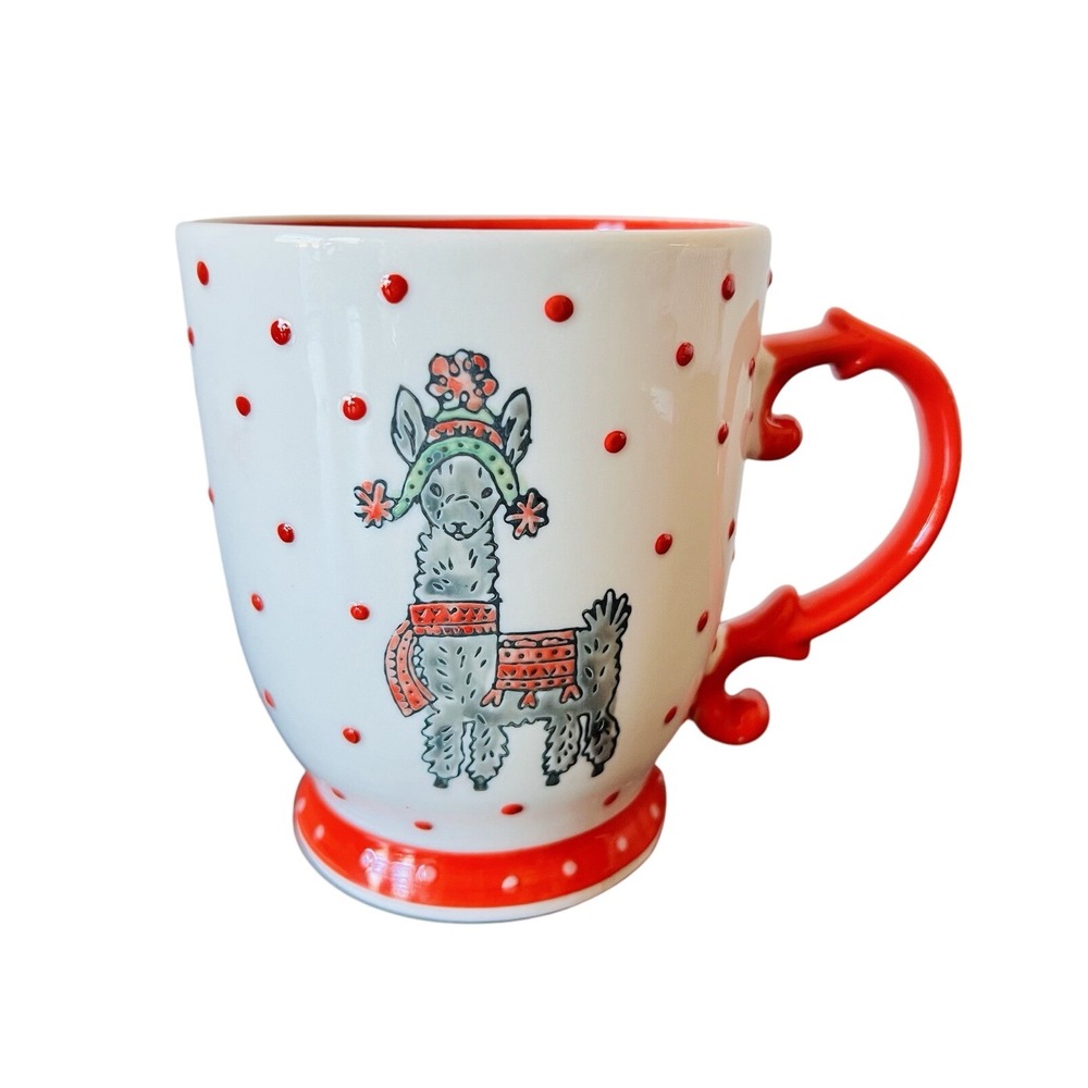 Peppermint & Pine Winter Llama Land Christmas Coffee Mug Red Polka‎ Dot Footed